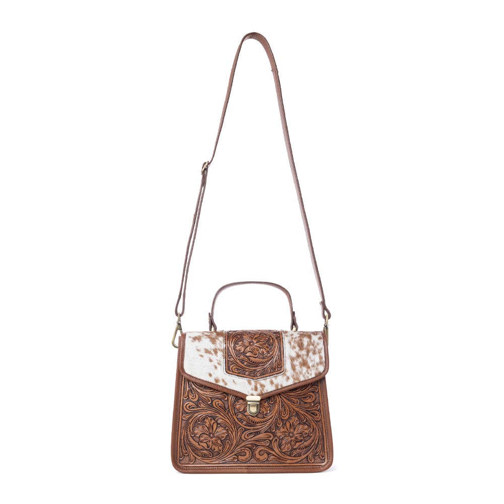 Duchess Hairon Handtooled Flap and Button Leather Satchel in Mocha Cream