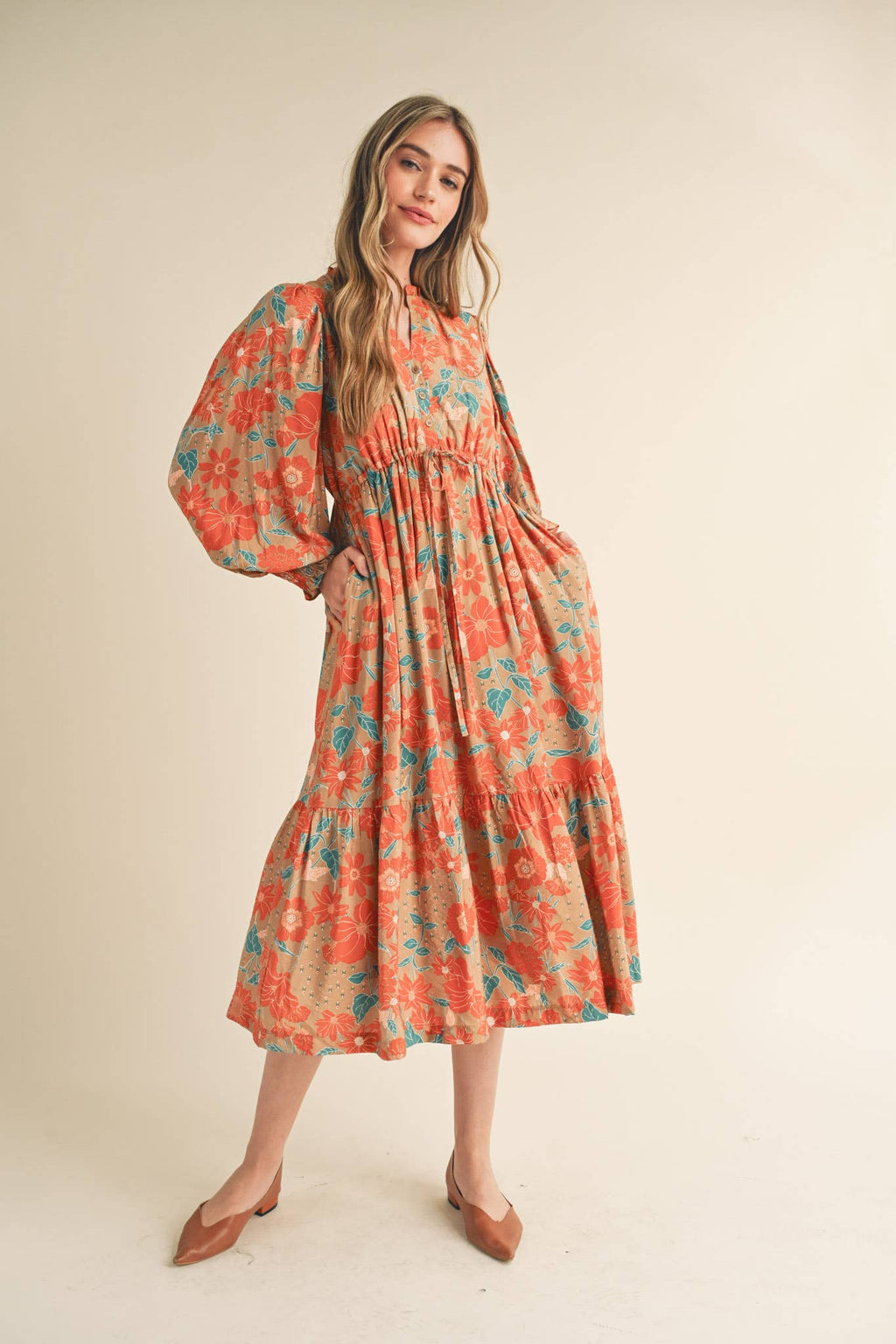 Cream with Rust/Teal Floral Ruffle Maxi Dress
