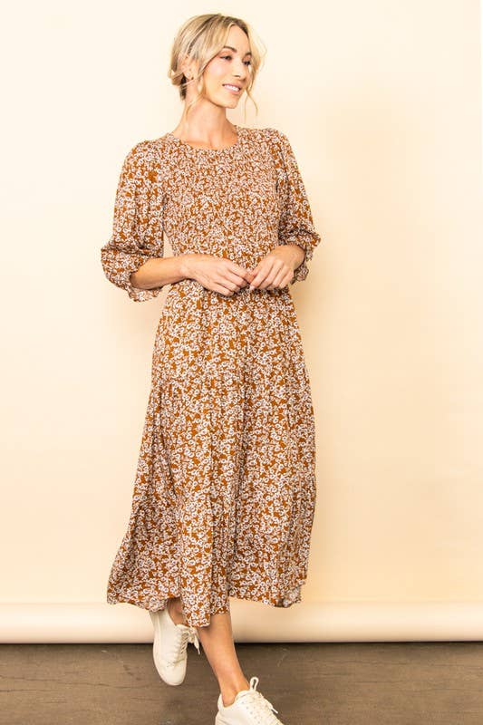 Vintage Floral Smocked Tiered Midi Dress with Pockets