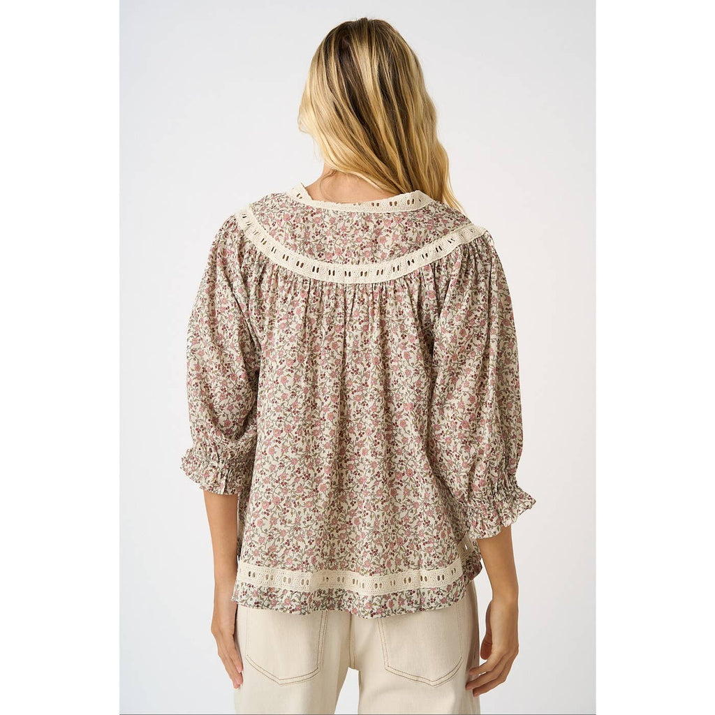 Ivory/Rose Floral Peasant Top with Lace Trim