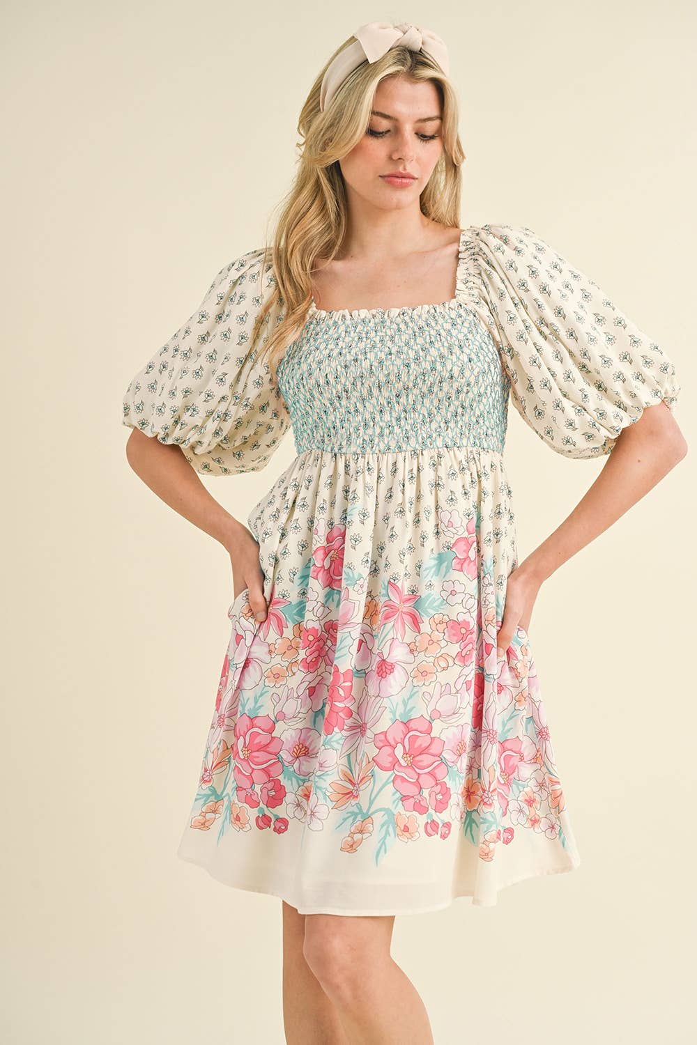 Pink/Peach Floral Smocked Knee Length Dress with Puff Sleeves
