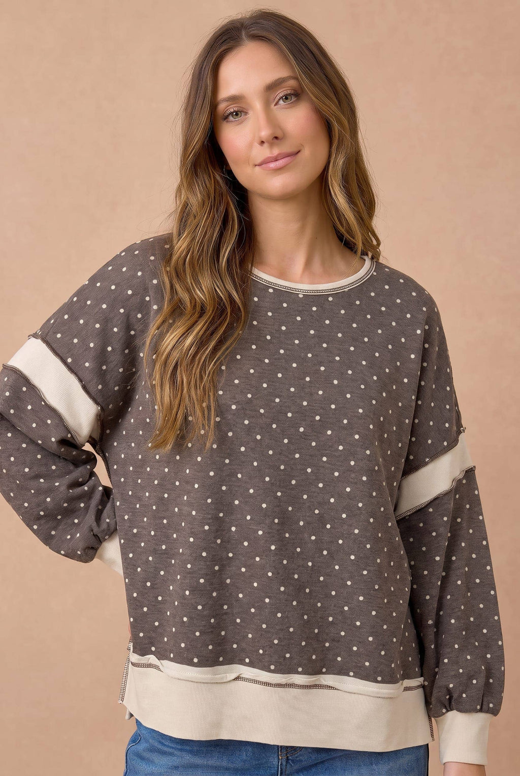 Plus Polka Dot Colorblock Cutout Back Pullover