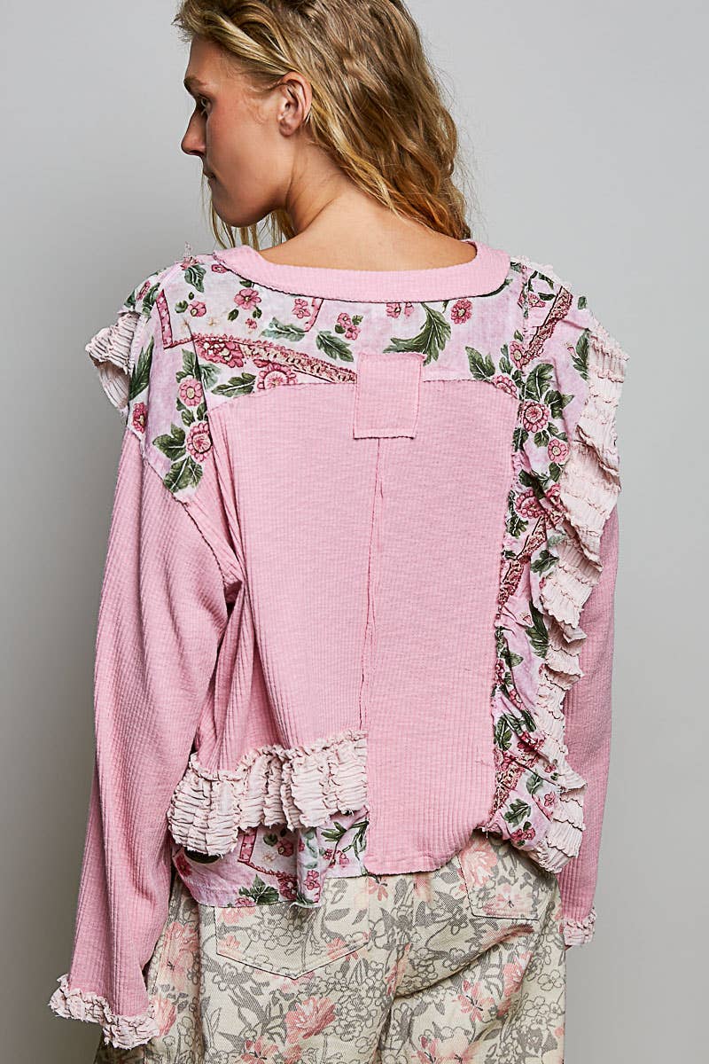 Floral Ruffle Trim Textured Ribbed Long Sleeve Knit Top