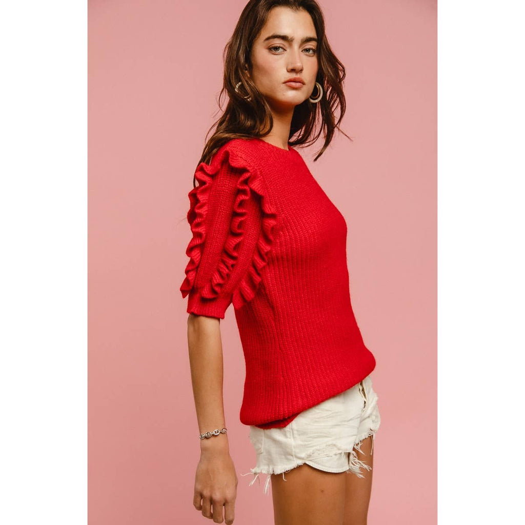 SOLID KNIT RUFFLED SLEEVES TOP