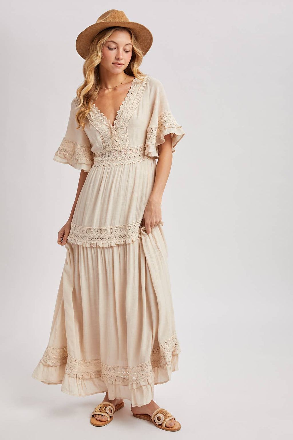 Lace V Neck Maxi Dress with Ruffle Sleeves (Olive & Ivory)