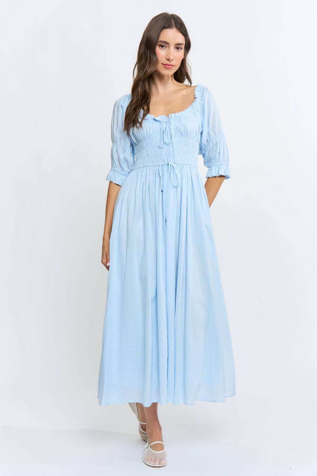 Navy Off or On Shoulder Pleated Maxi Dress