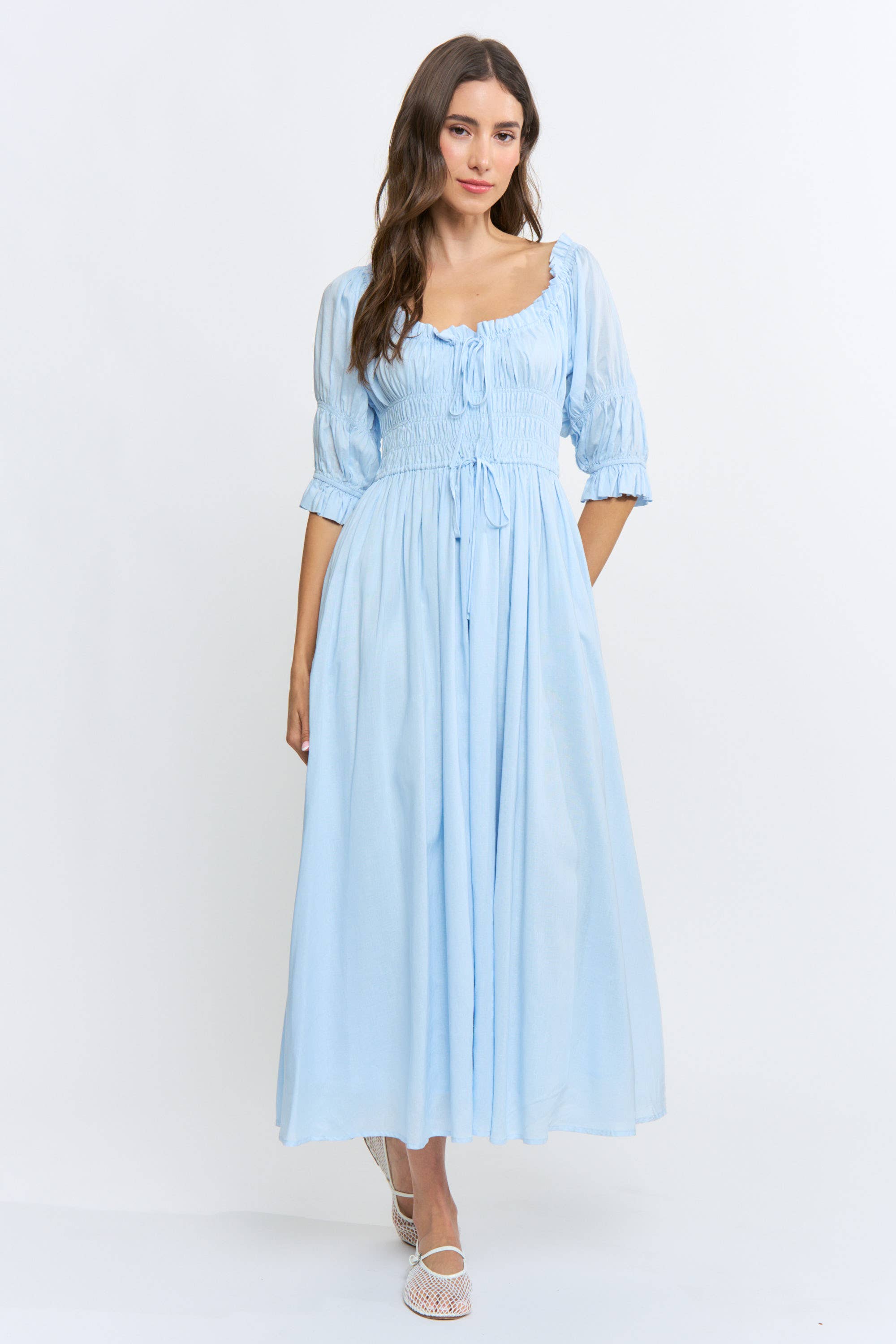 Navy Off or On Shoulder Pleated Maxi Dress