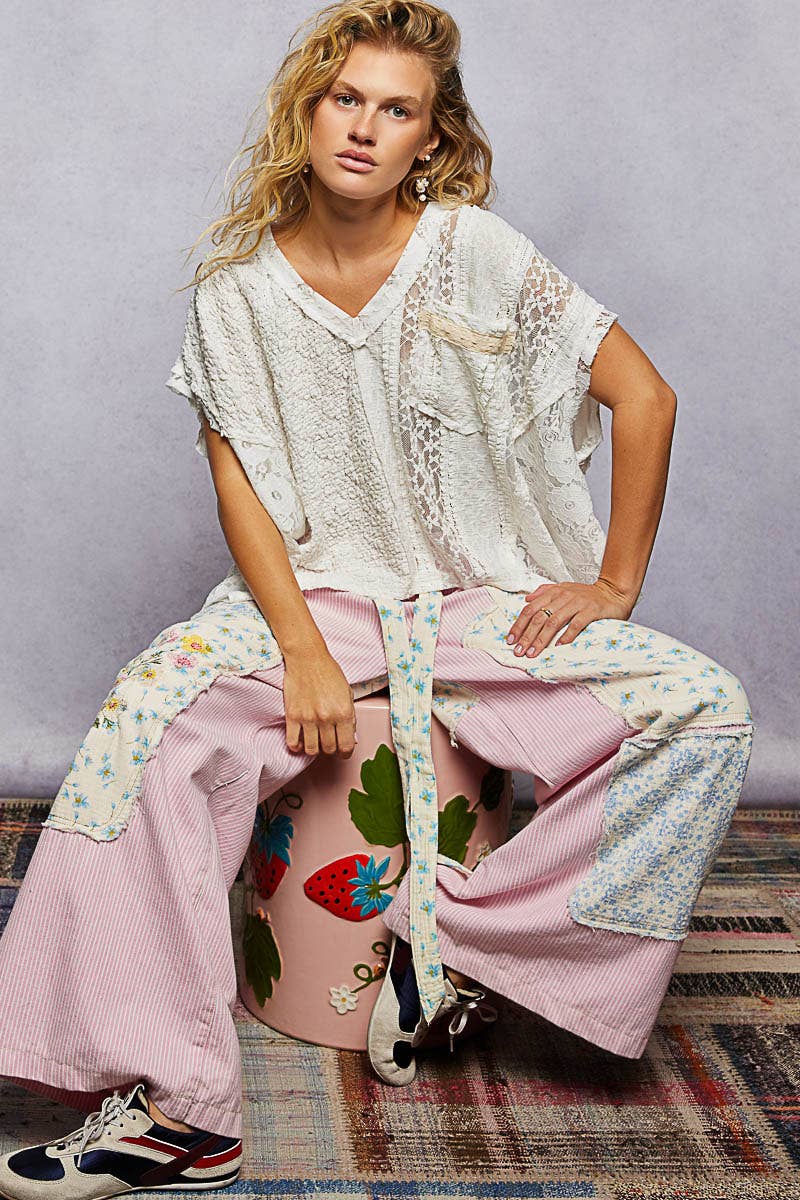 Lavender Patchwork Lace Oversized V-Neck Raw Edge Top
