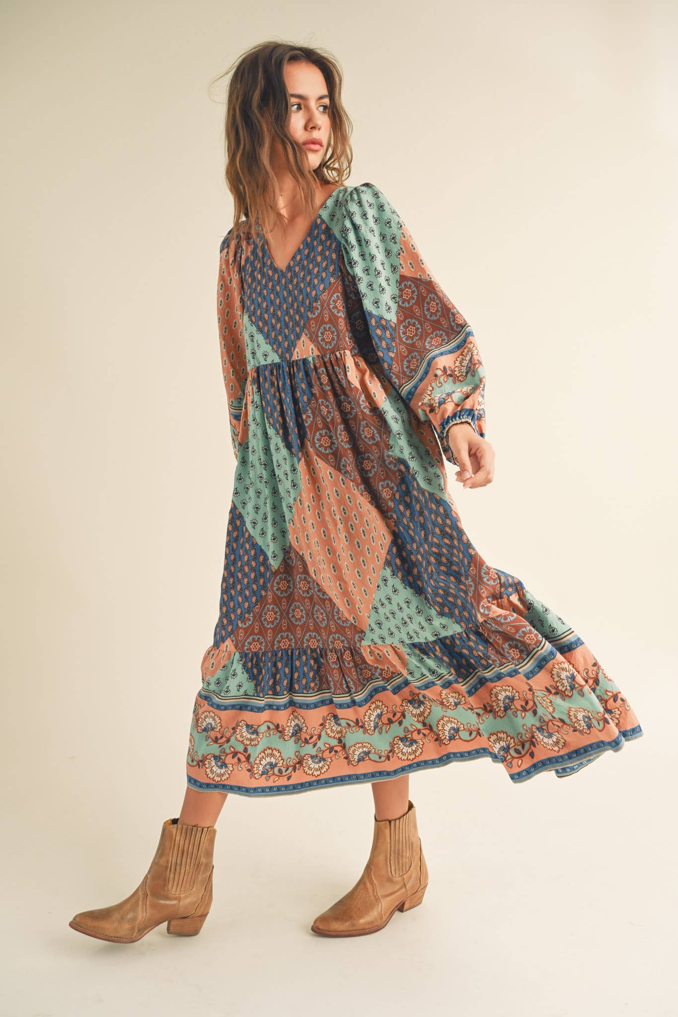 Rust Multi Color Printed Balloon Sleeve Mid Length Dress