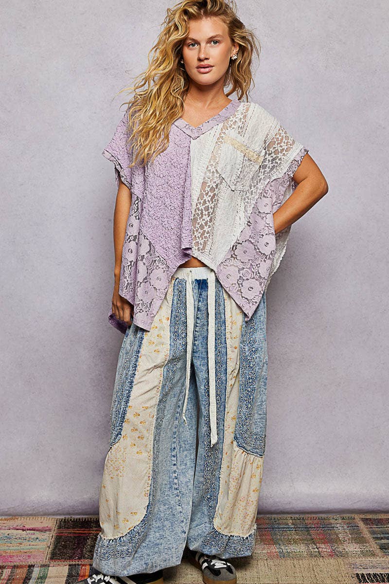 Lavender Patchwork Lace Oversized V-Neck Raw Edge Top