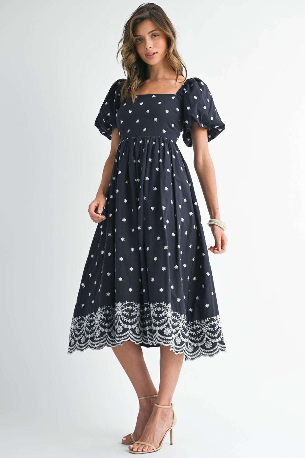 Navy Floral A Line Tie Back Dress with Puff Sleeves