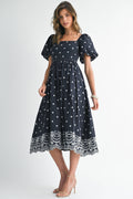 Navy Floral A Line Tie Back Dress with Puff Sleeves