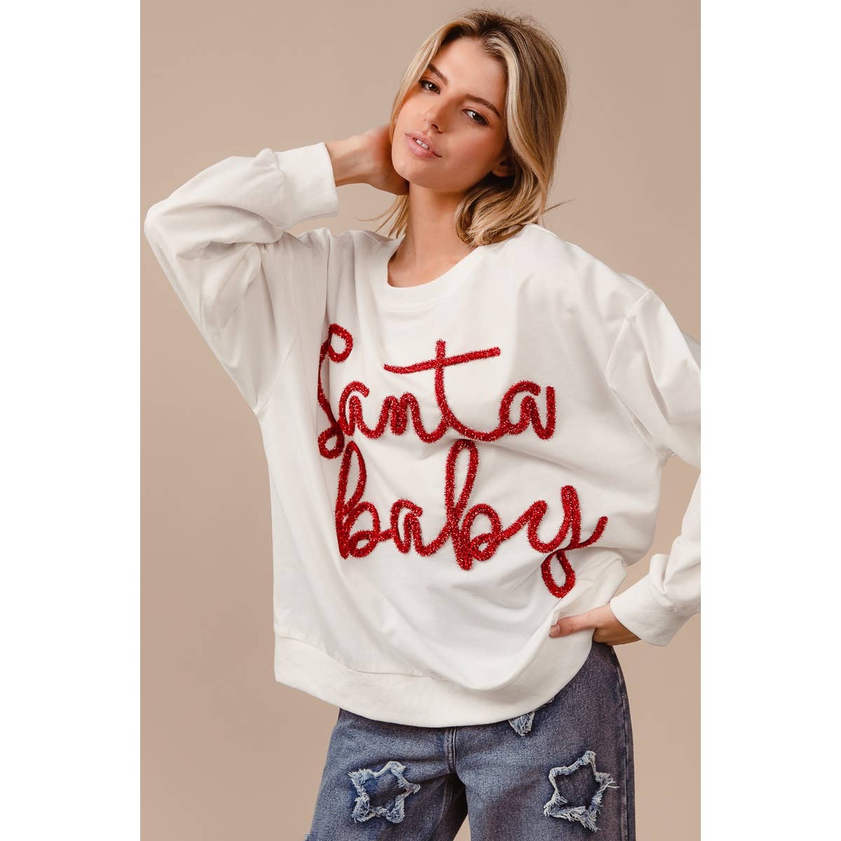 TINSEL SANTA BABY LETTERING CHRISTMAS SWEATSHIRT