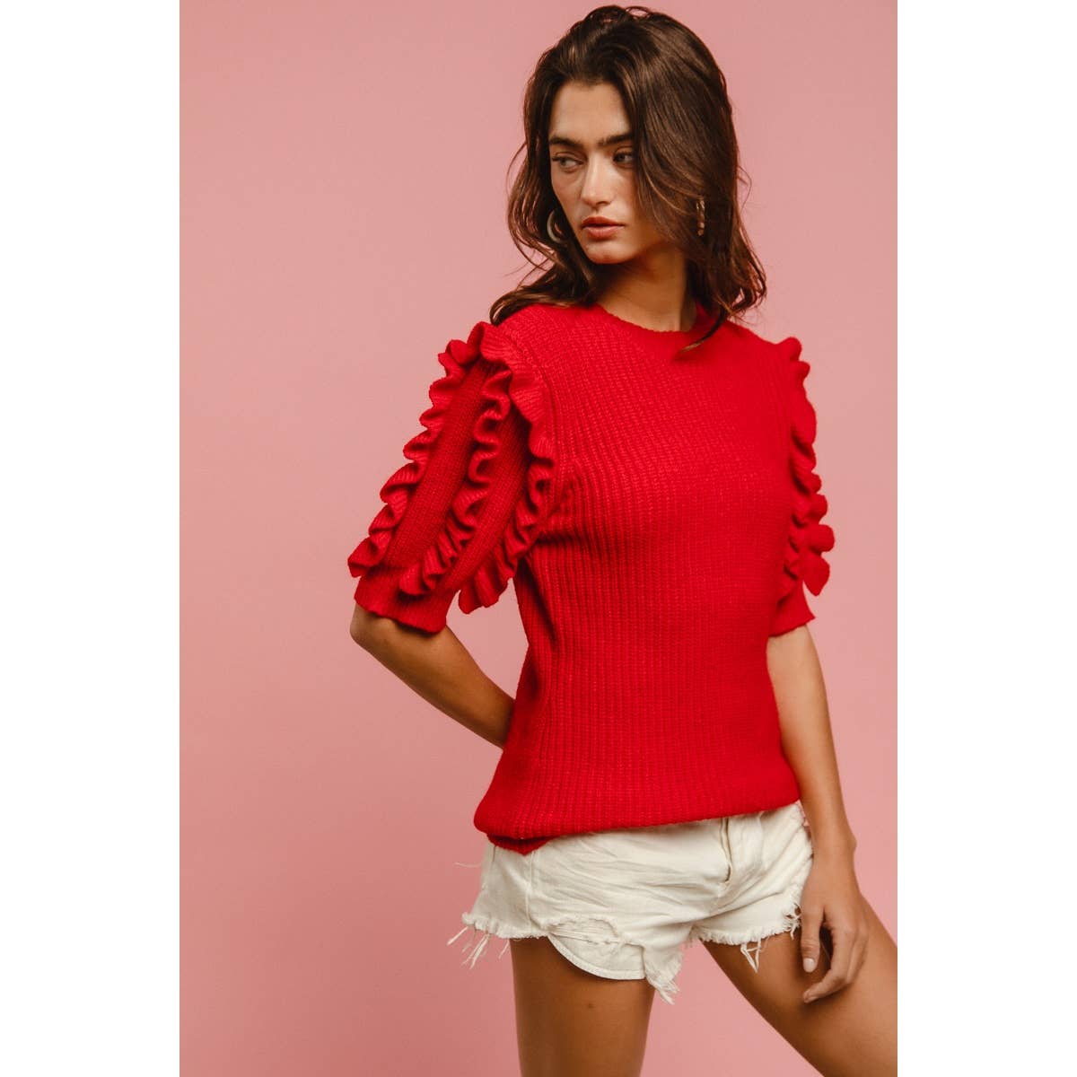 SOLID KNIT RUFFLED SLEEVES TOP