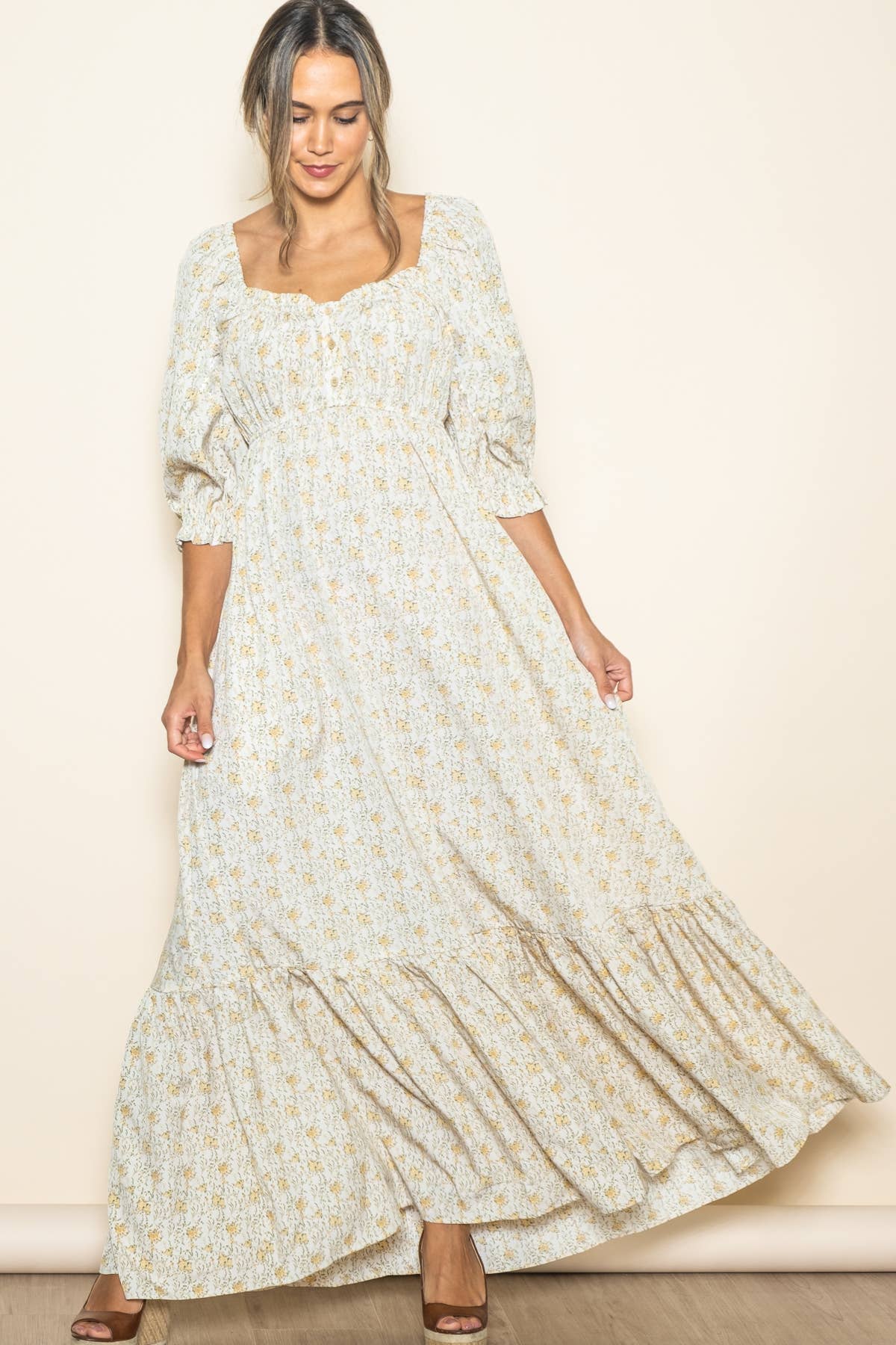 Flowy Babydoll Empire Wide Flare Floral Maxi Dress w Pockets