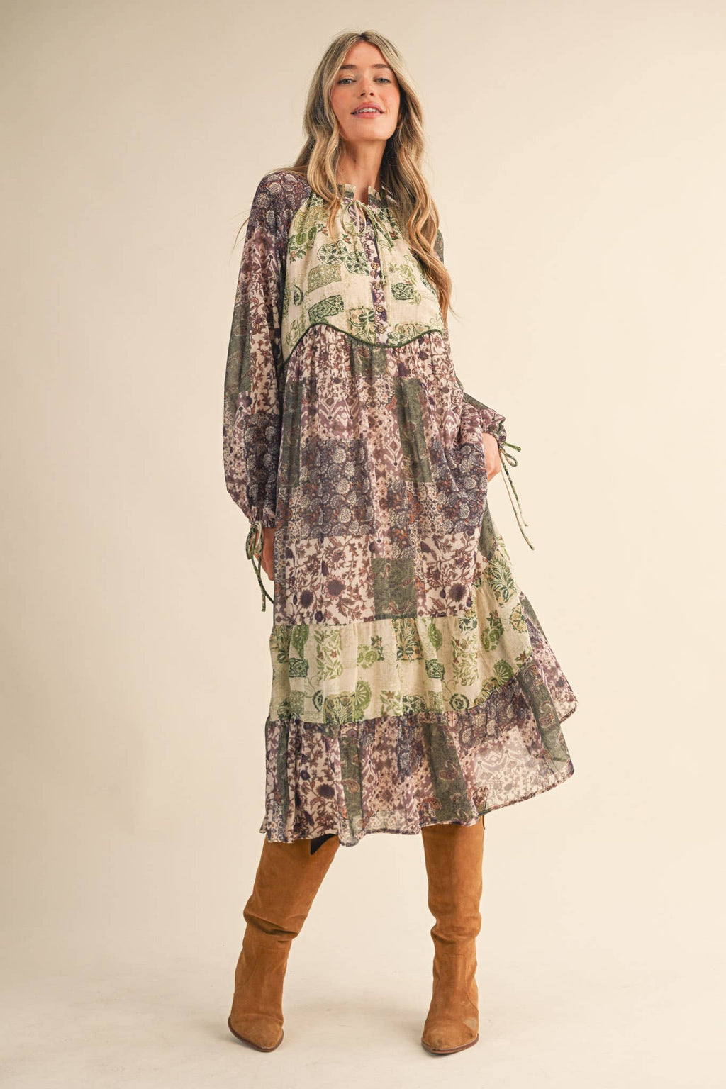 Olive Patchwork Mid Length Dress