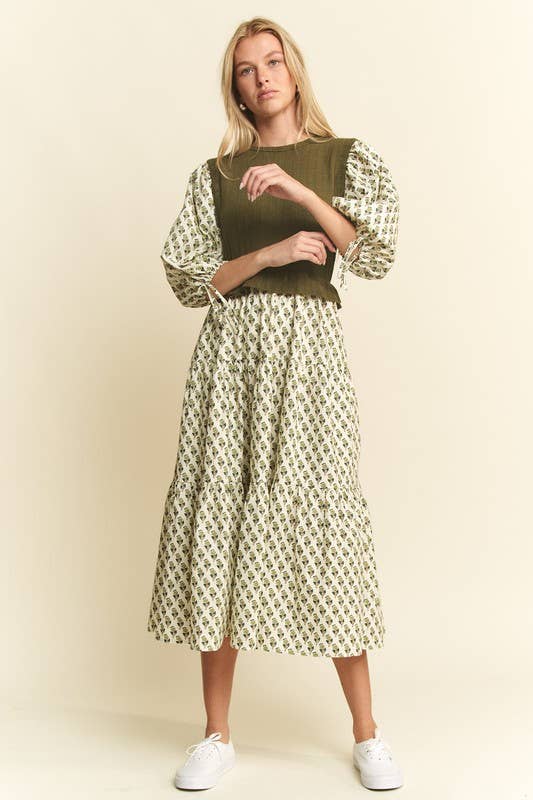 Floral Print Mixed Media Tiered Midi Dress