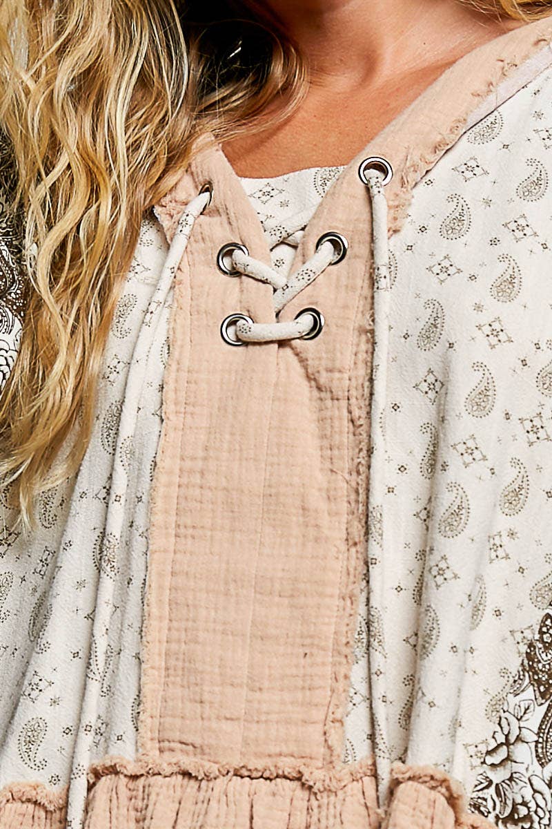 Beige/Peach Multi Color V Neck Balloon Sleeve Top