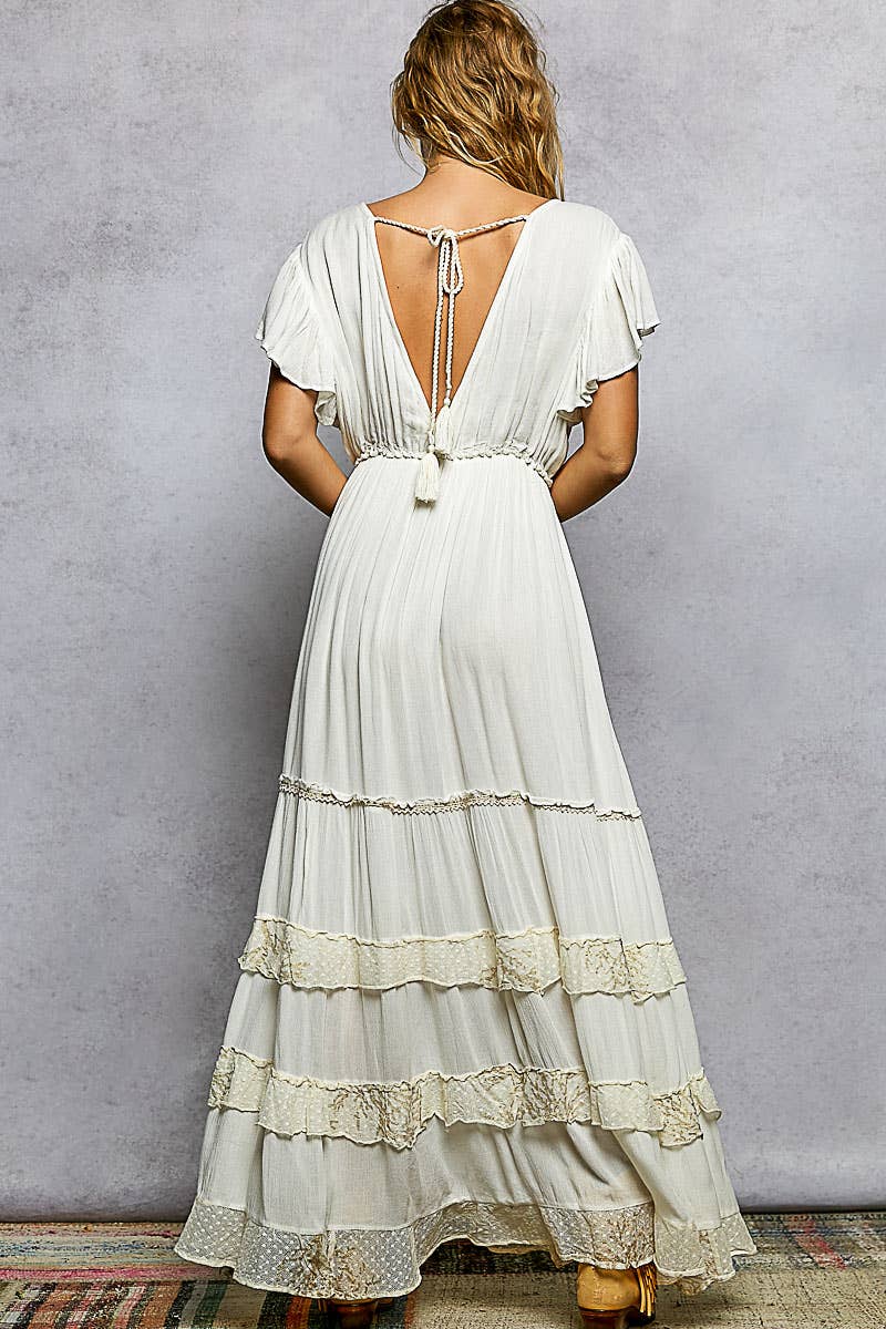 Ivory Ruffle Trim V-neck Embroidery Sequins Tassel Maxi Dress