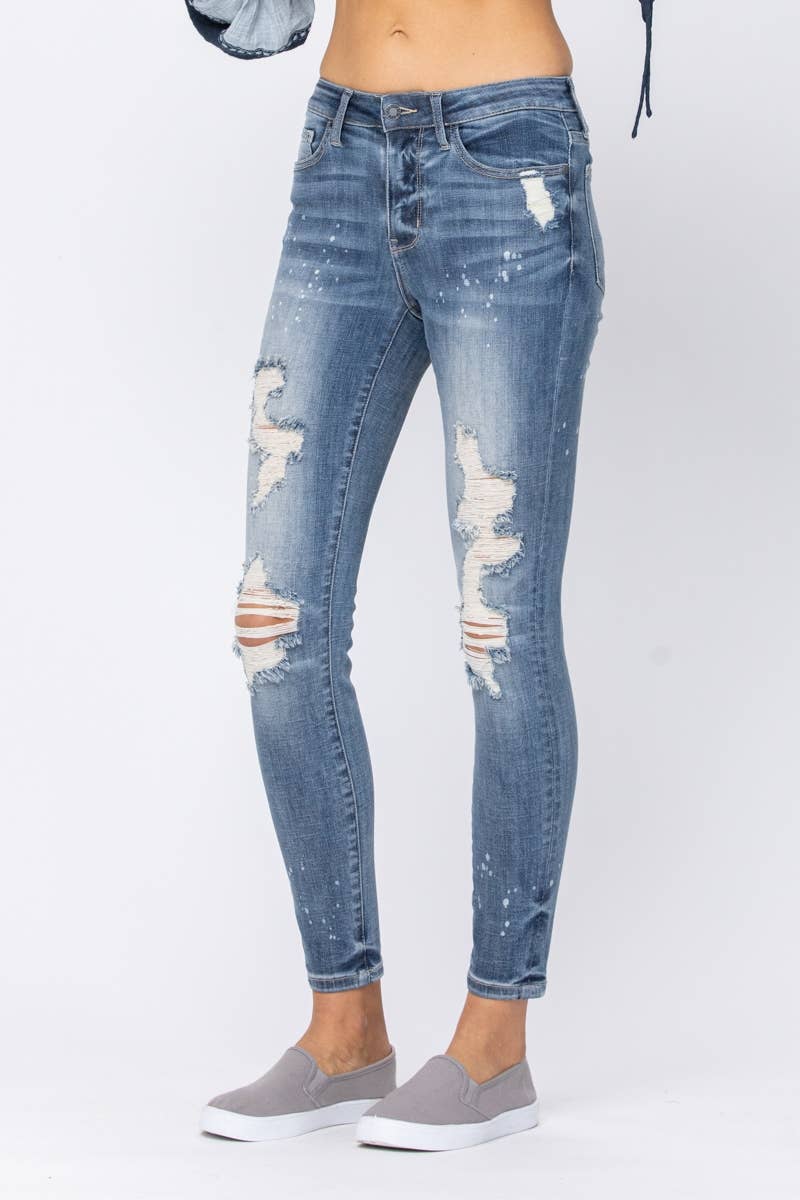 Mid Rise Bleached Splatter Skinny Jeans - Judy Blue
