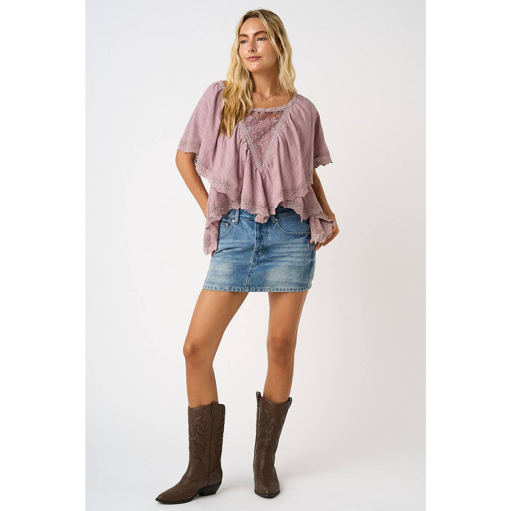 Mauve Lace Trim Flutter Top