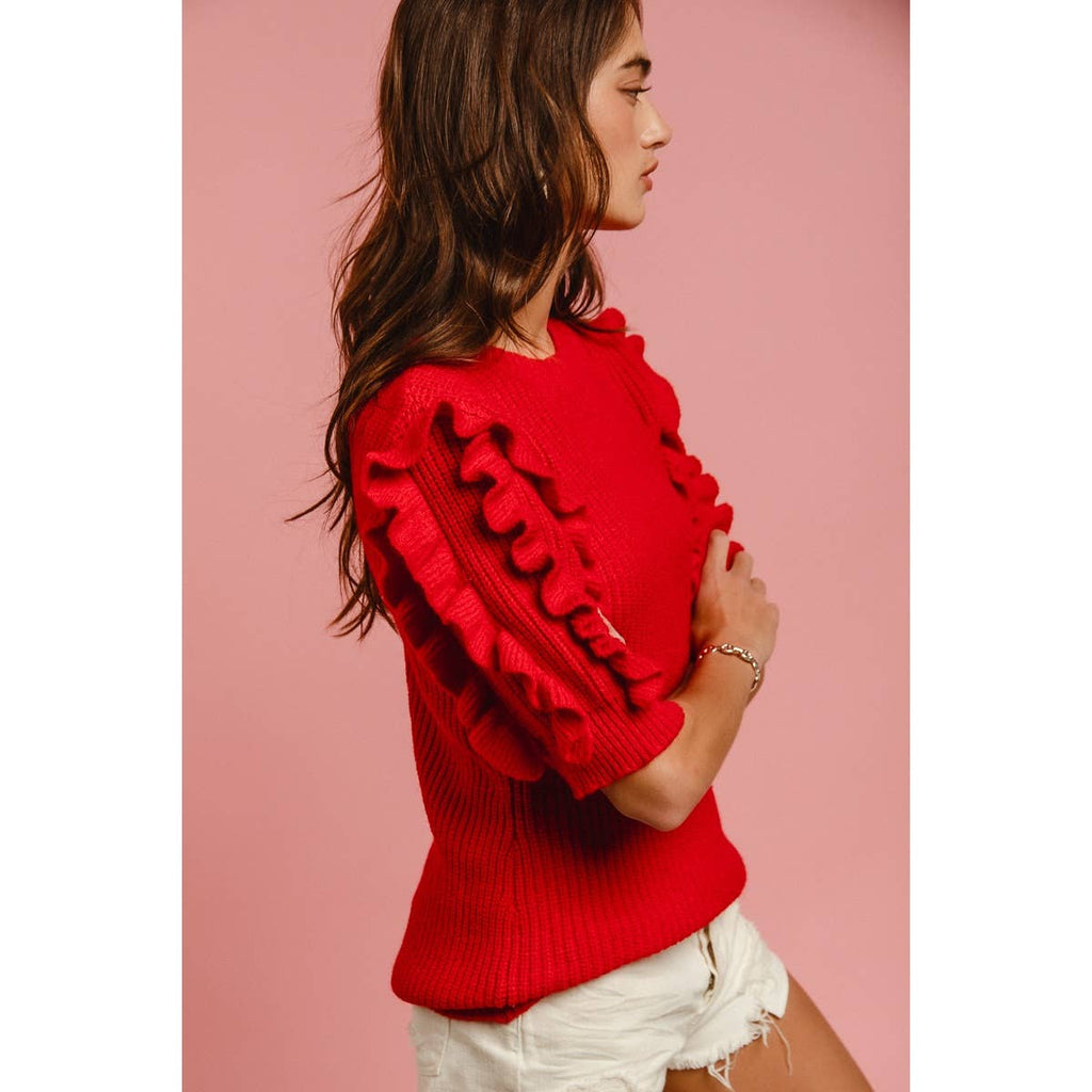SOLID KNIT RUFFLED SLEEVES TOP