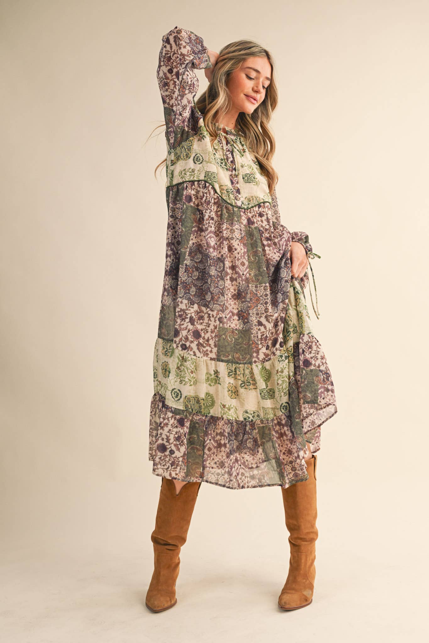 Olive Patchwork Mid Length Dress