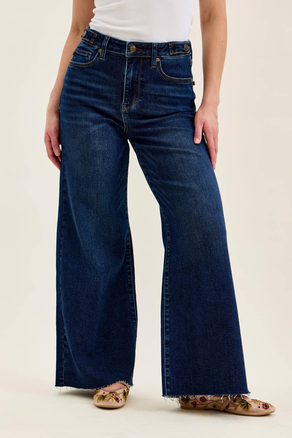 High Waist Petite Wide Leg Jeans with Raw Hem - Judy Blue