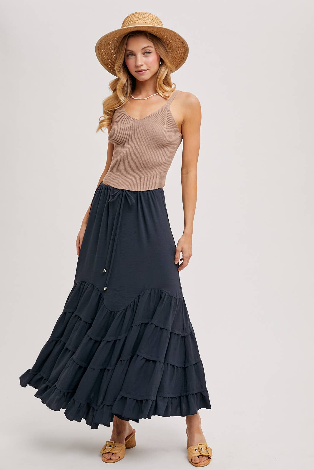 RUFFLED DRAWSTRING WASIT MAXI SKIRT WITH LINING