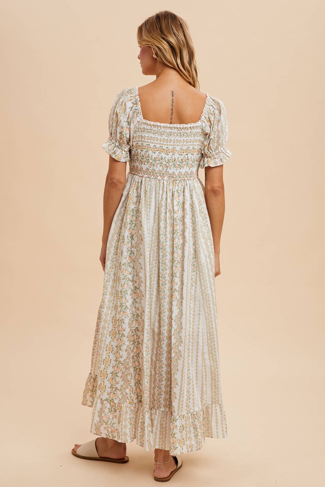 Ivory/Peach Floral Square Neck Maxi Dress with Puff Print Sleeves