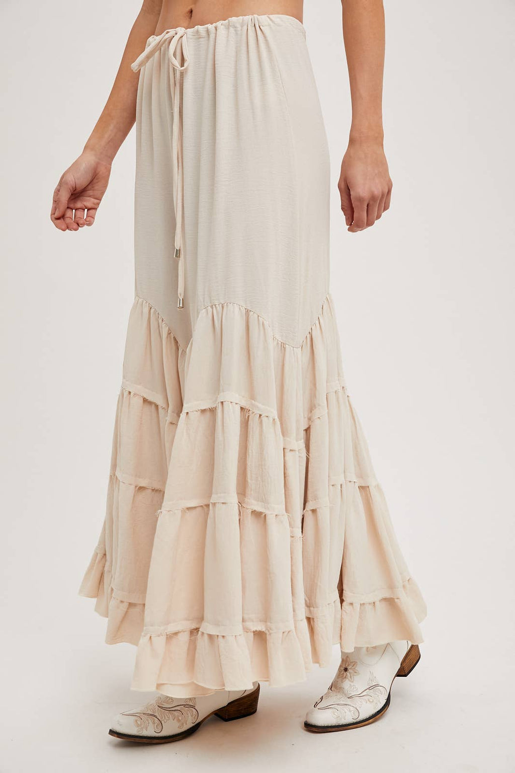 RUFFLED DRAWSTRING WASIT MAXI SKIRT WITH LINING