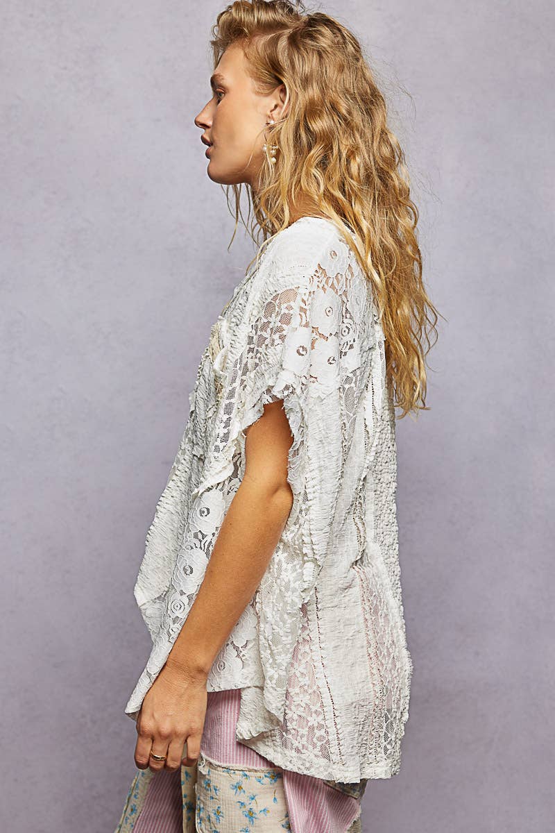 Lavender Patchwork Lace Oversized V-Neck Raw Edge Top