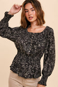 Black Ditsy Floral Blouse with Smocked Waist