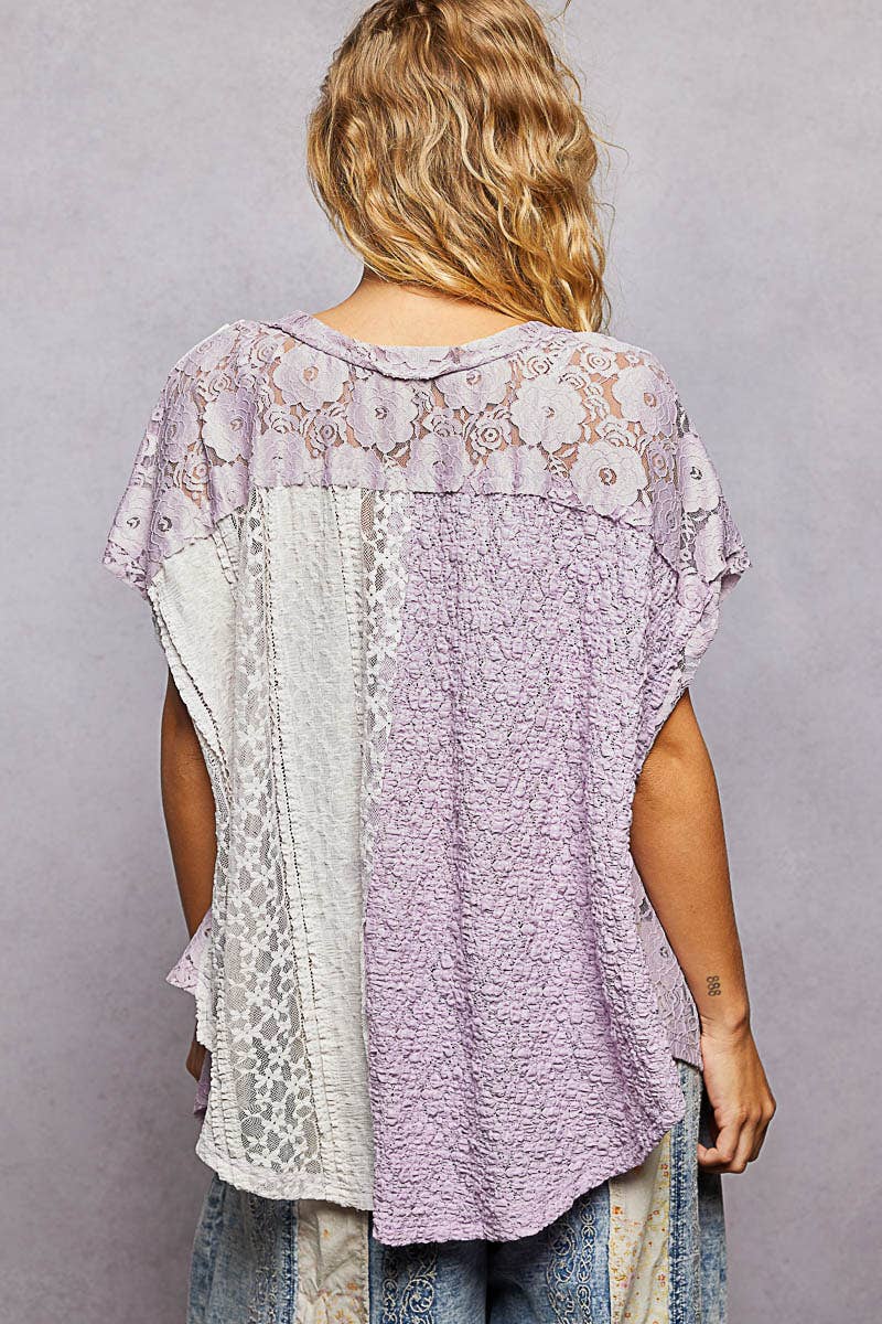 Lavender Patchwork Lace Oversized V-Neck Raw Edge Top