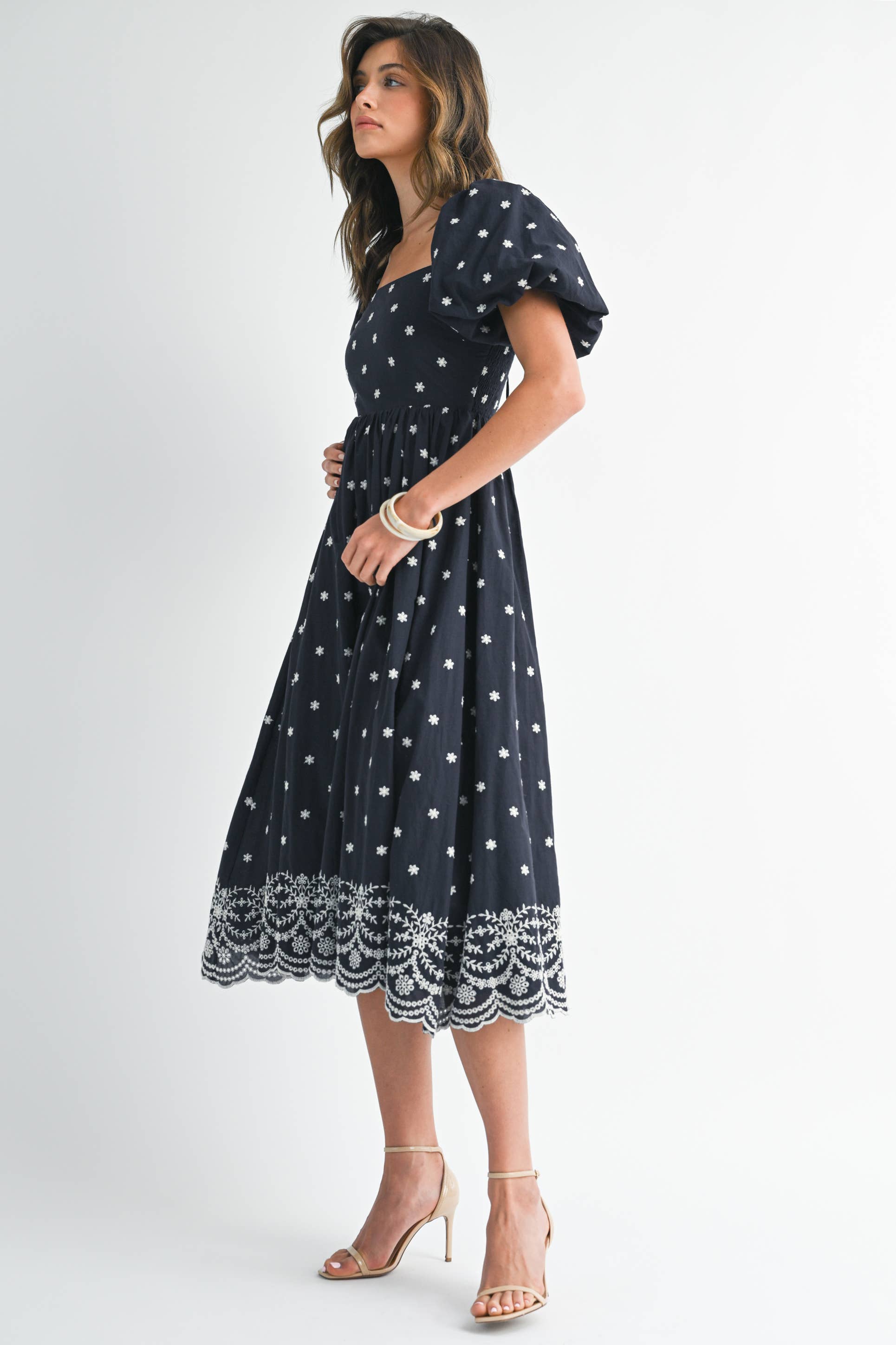 Navy Floral A Line Tie Back Dress with Puff Sleeves