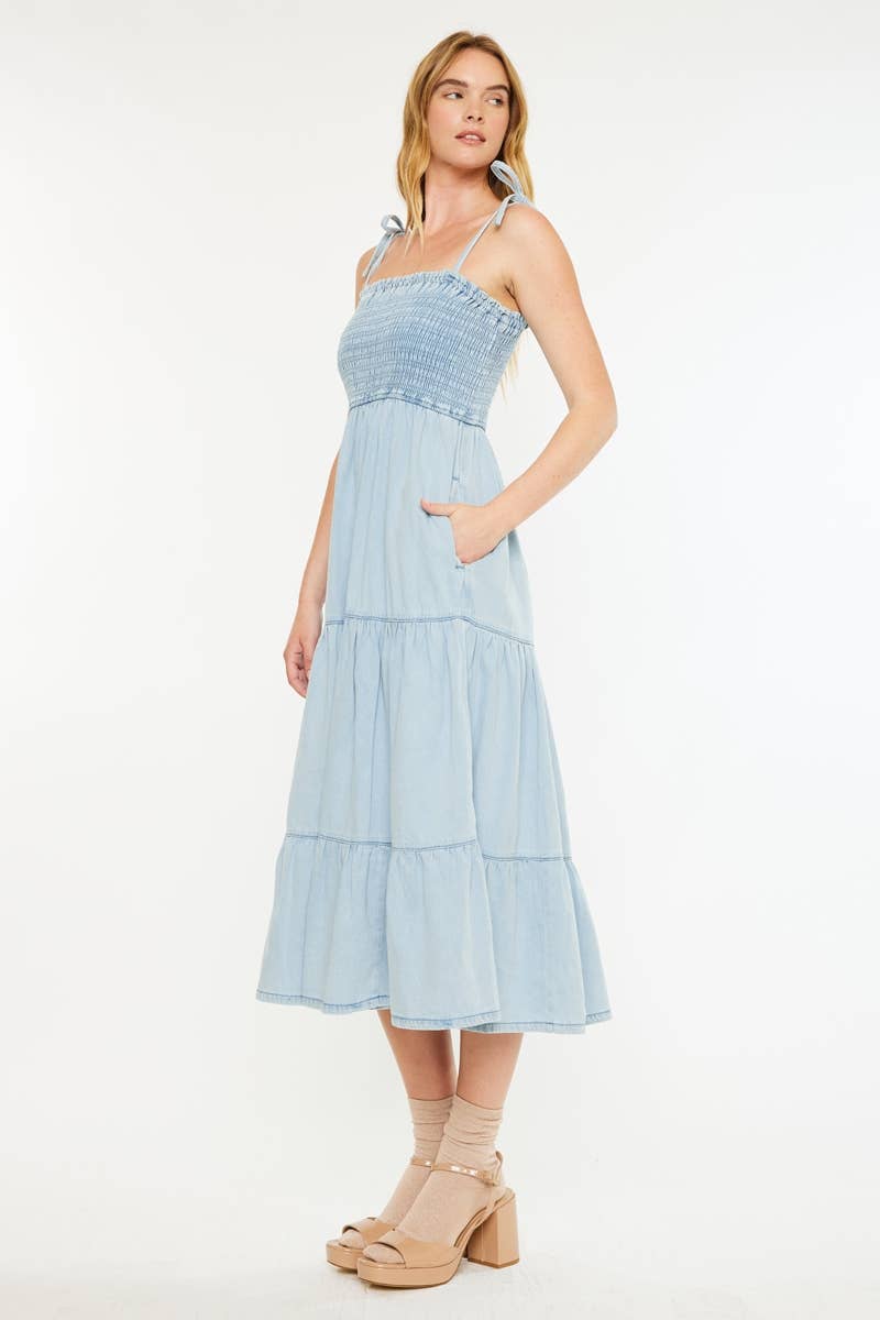Light Wash Denim Dress with Smocking Detail - Kan Can