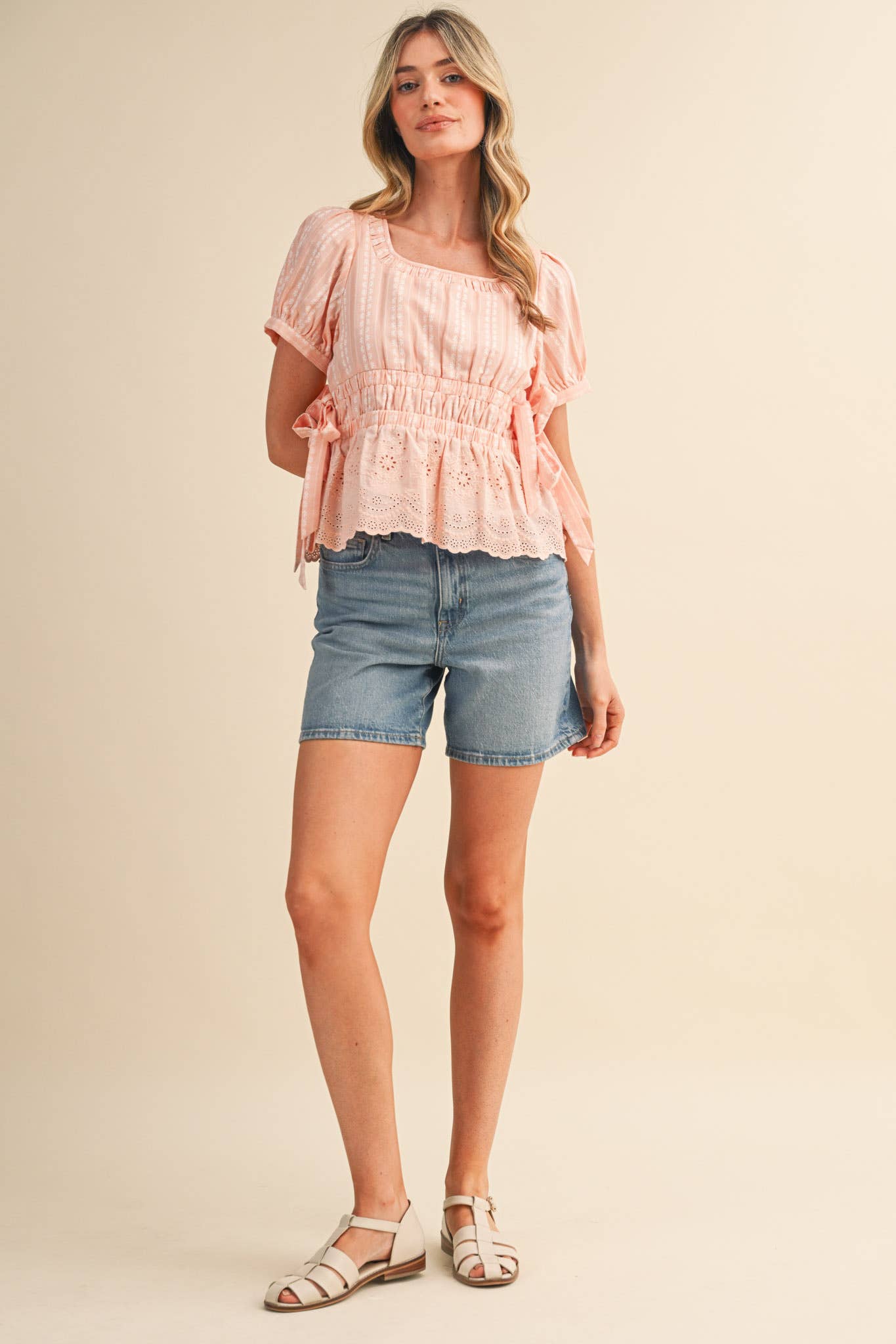 Denim Blue Striped Floral Eyelet Hem Peplum Top