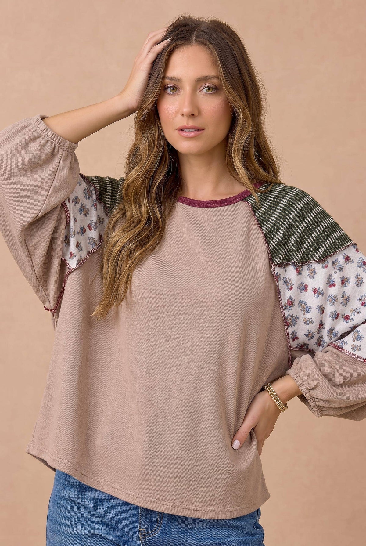 Floral and Stripe Color Block Knit Top