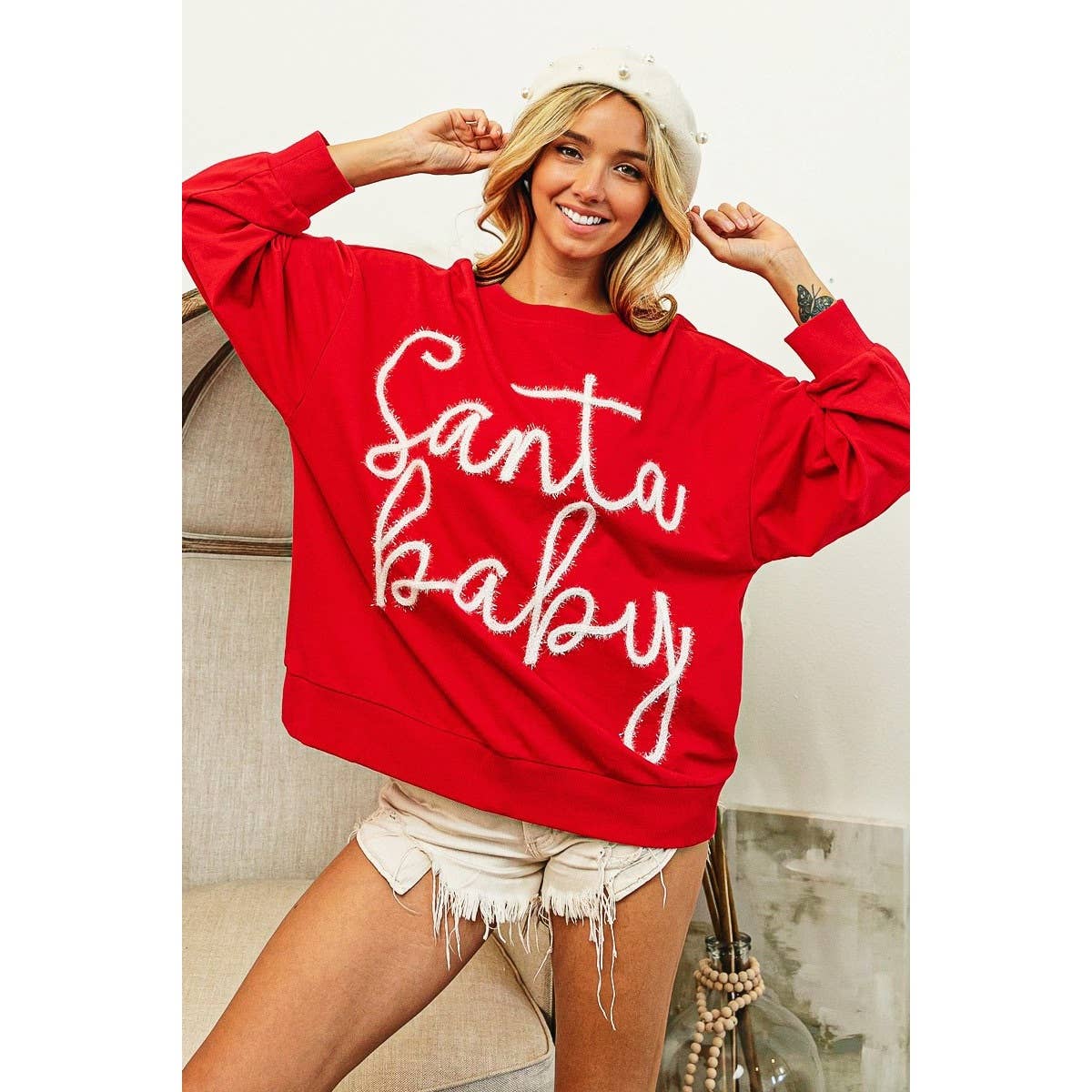 TINSEL SANTA BABY LETTERING CHRISTMAS SWEATSHIRT