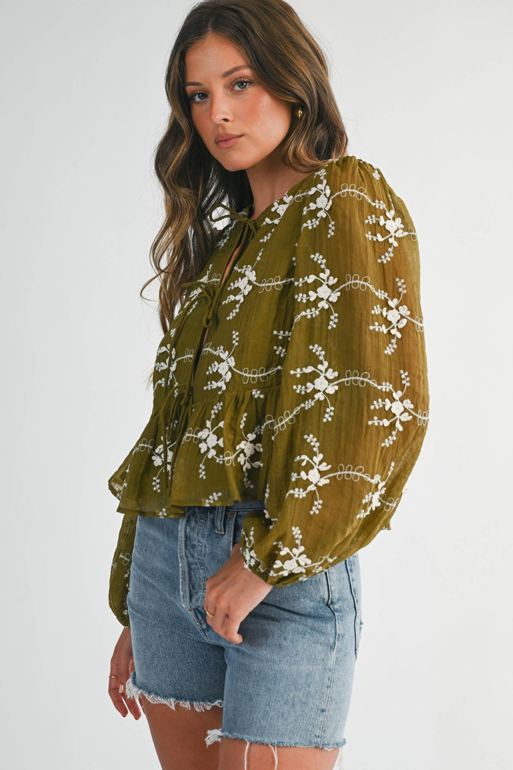 Olive Floral Tie Front Peplum