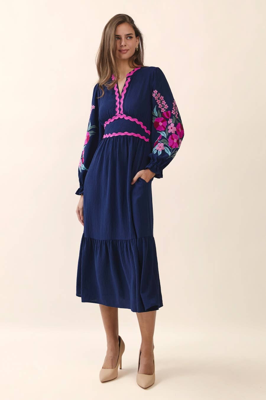 Embroidered Tiered Midi Dress