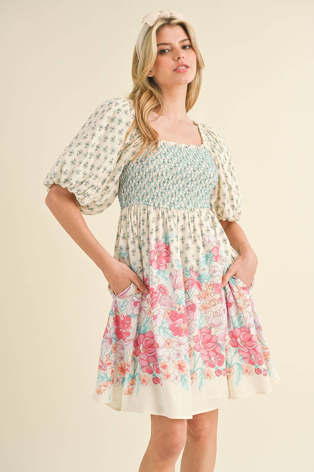 Pink/Peach Floral Smocked Knee Length Dress with Puff Sleeves