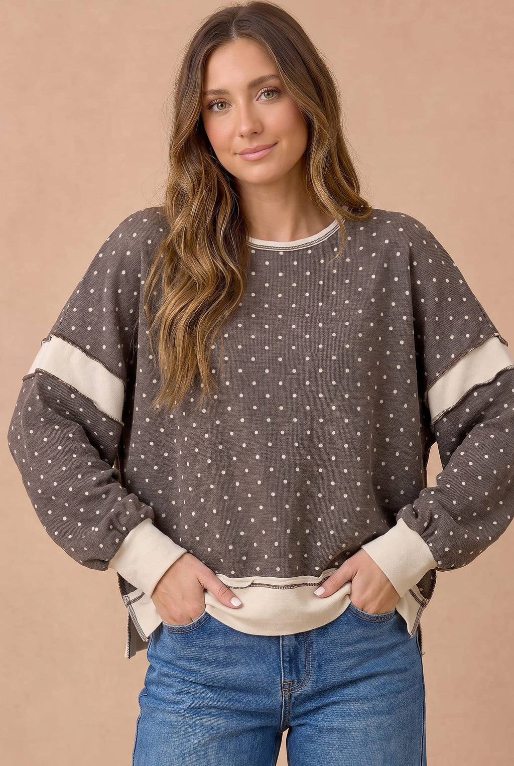 Polka Dot Colorblock Cutout Back Pullover