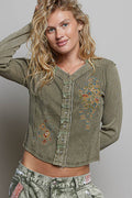 Vintage-Inspired Wash Button-Front Placket Ribbed Knit Top