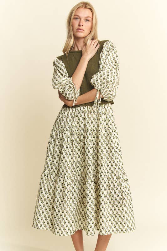 Floral Print Mixed Media Tiered Midi Dress