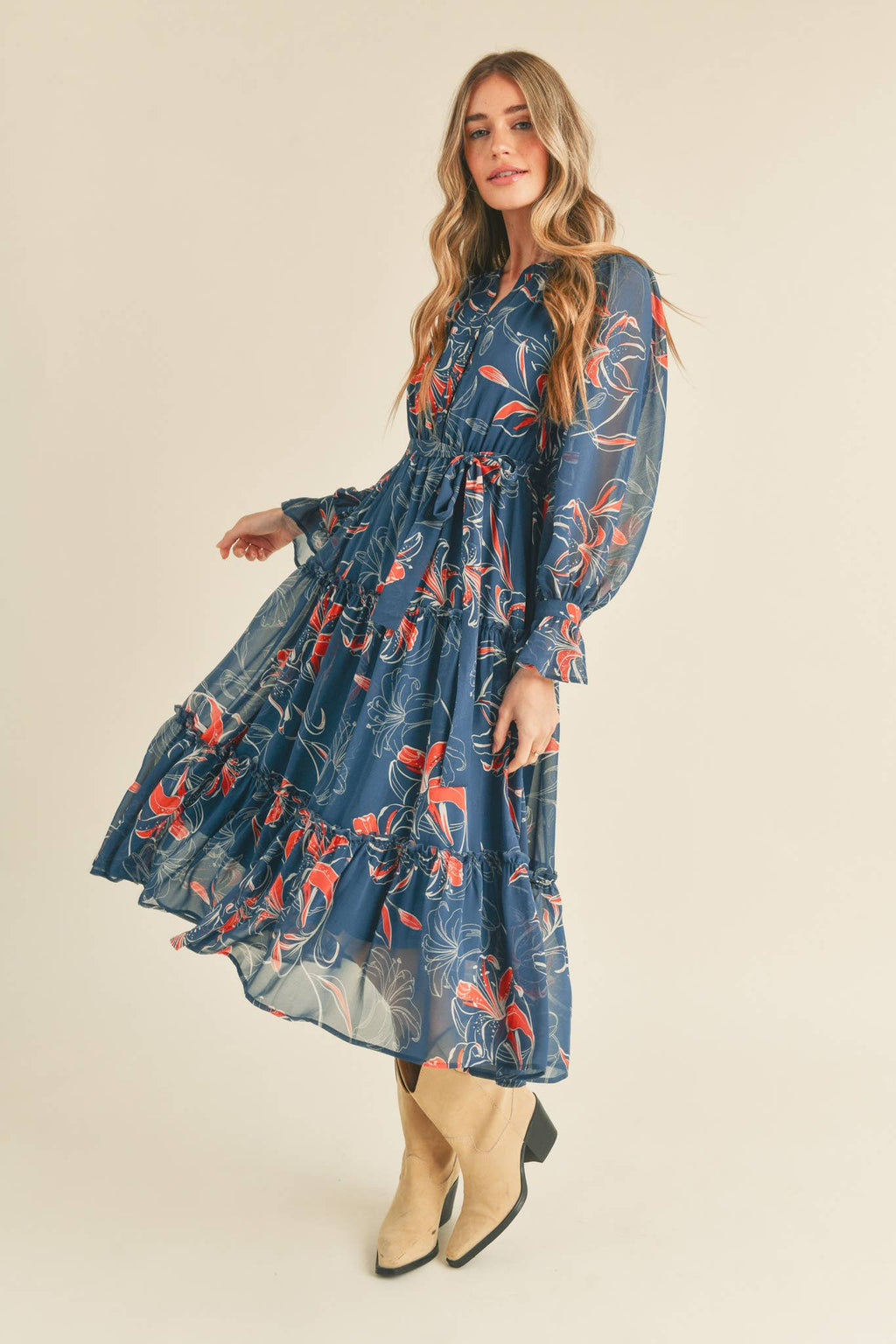 Teal Floral Button Down Ruffle Tiered Dress