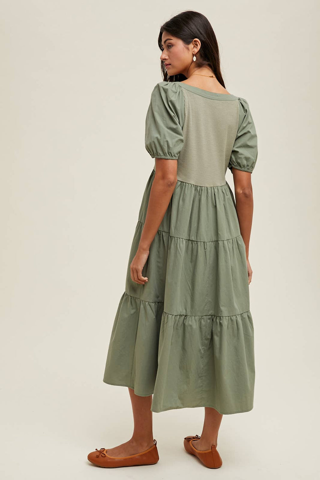 Olive Buton Front Mid Length Dress with Puff Sleeve