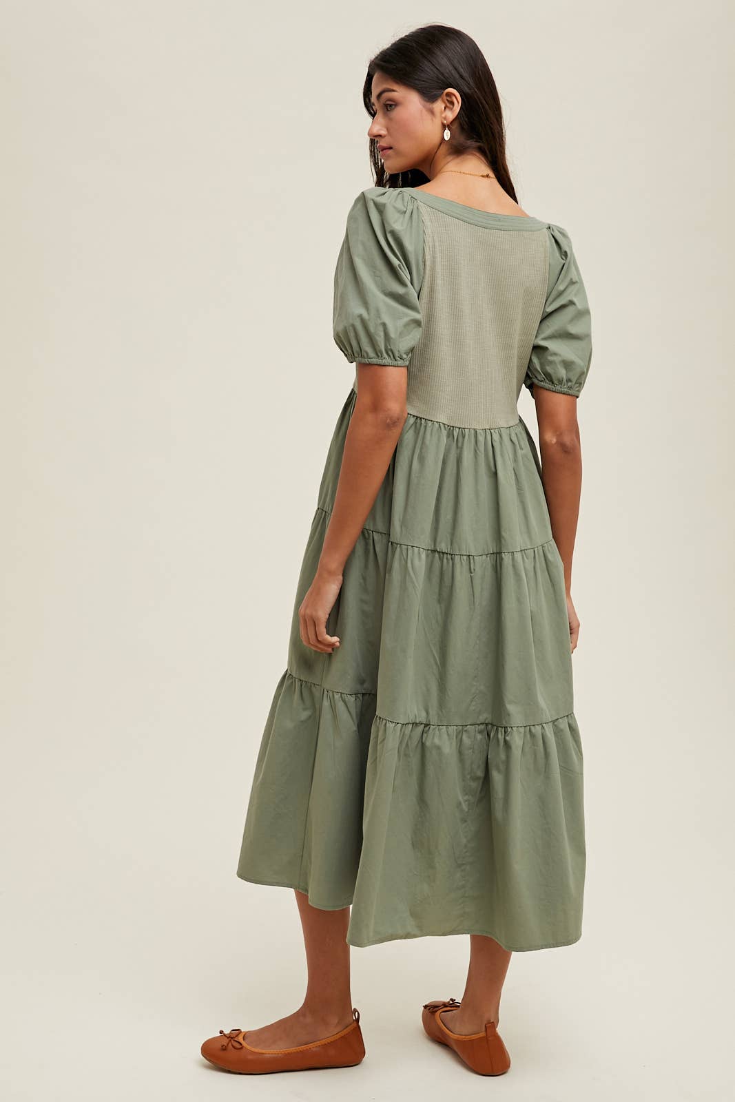 Olive Buton Front Mid Length Dress with Puff Sleeve