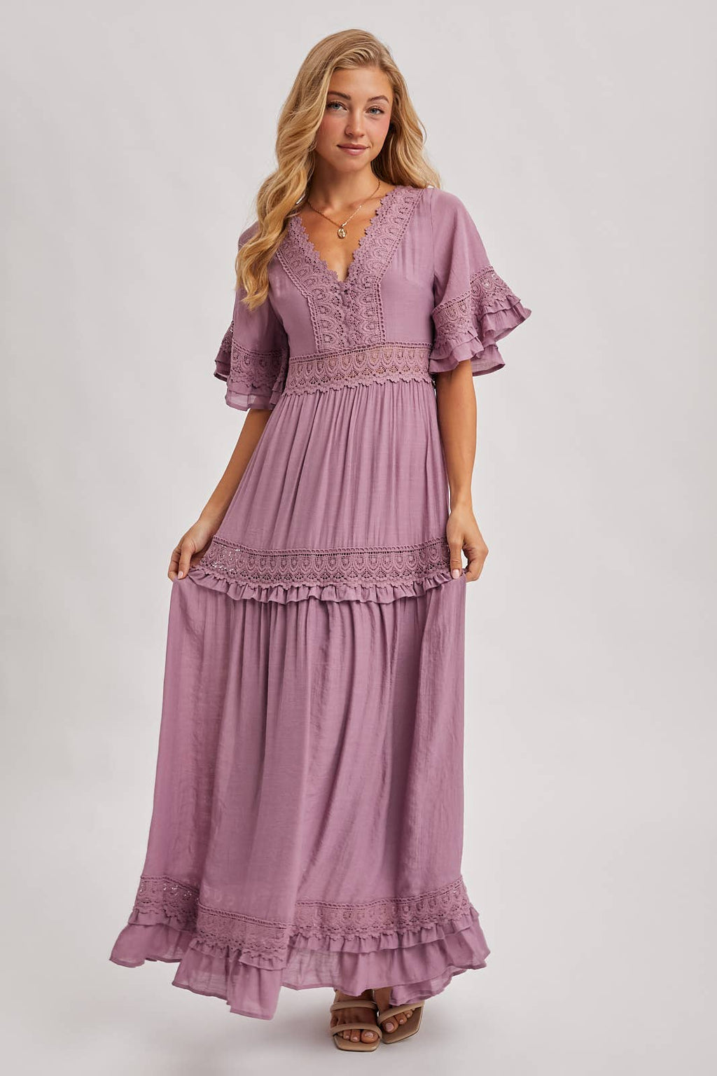 Lace V Neck Maxi Dress with Ruffle Sleeves (Olive & Ivory)