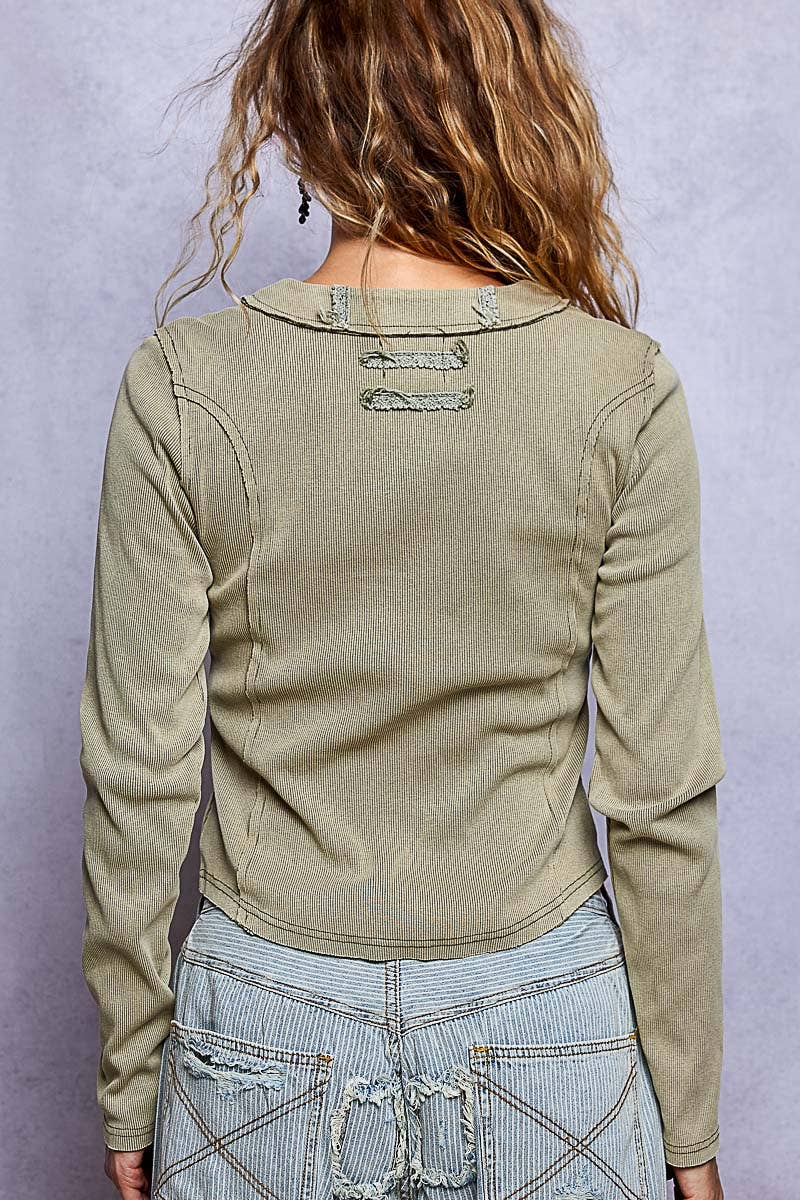 Vintage-Inspired Wash Button-Front Placket Ribbed Knit Top